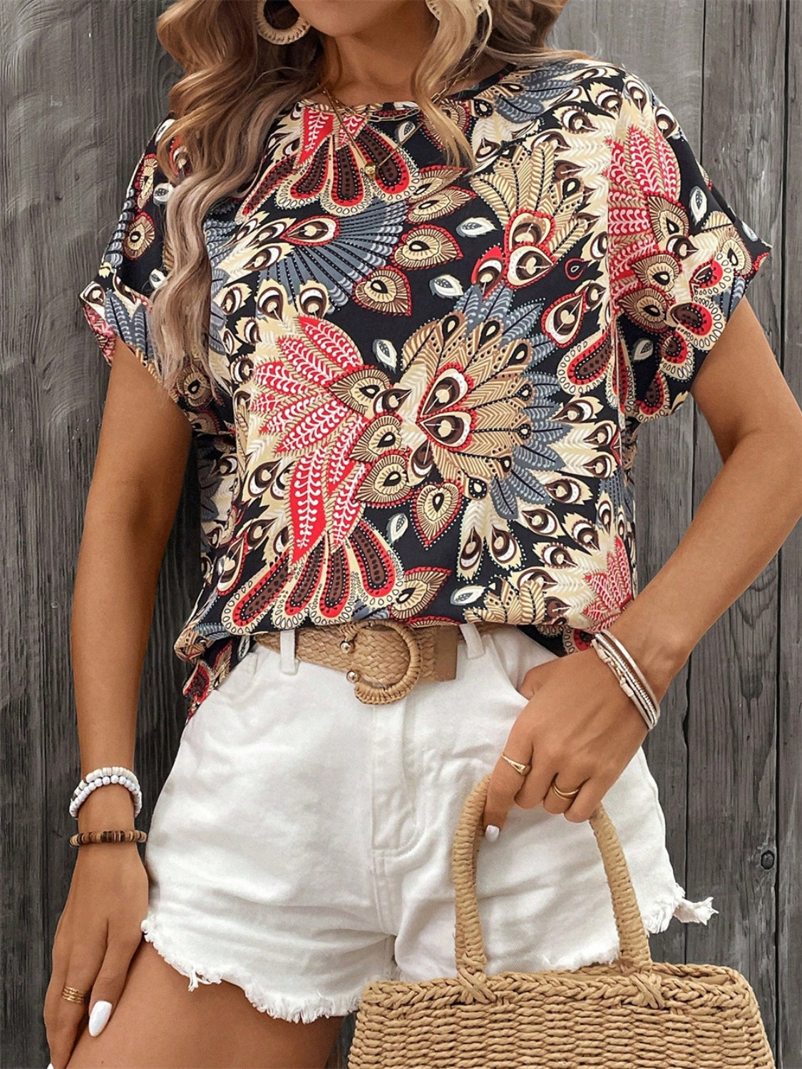 Printed Round Neck Short Sleeve Top