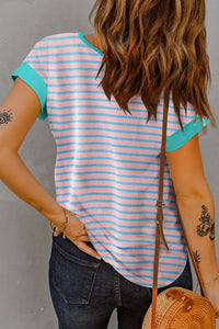 Striped Notched Short Sleeve T-Shirt