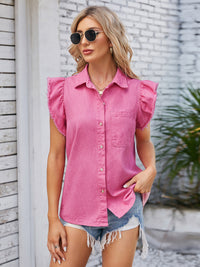 Raw Hem Ruffled Cap Sleeve Denim Top