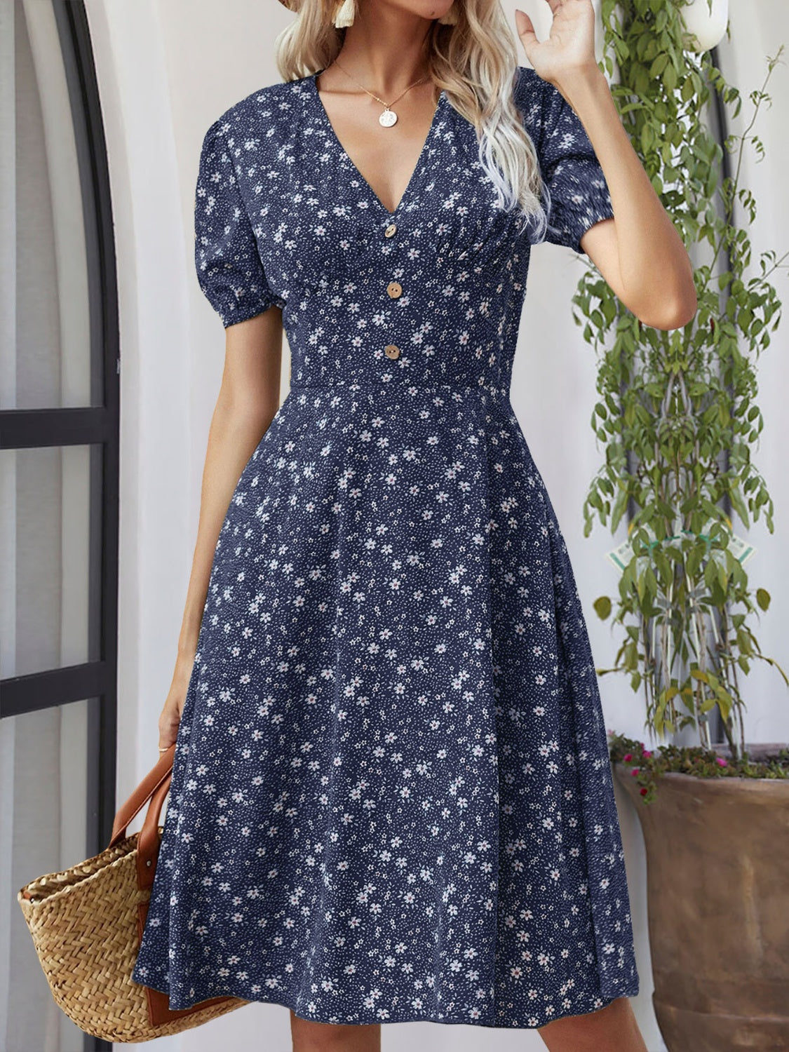 Printed V-Neck Short Sleeve Dress