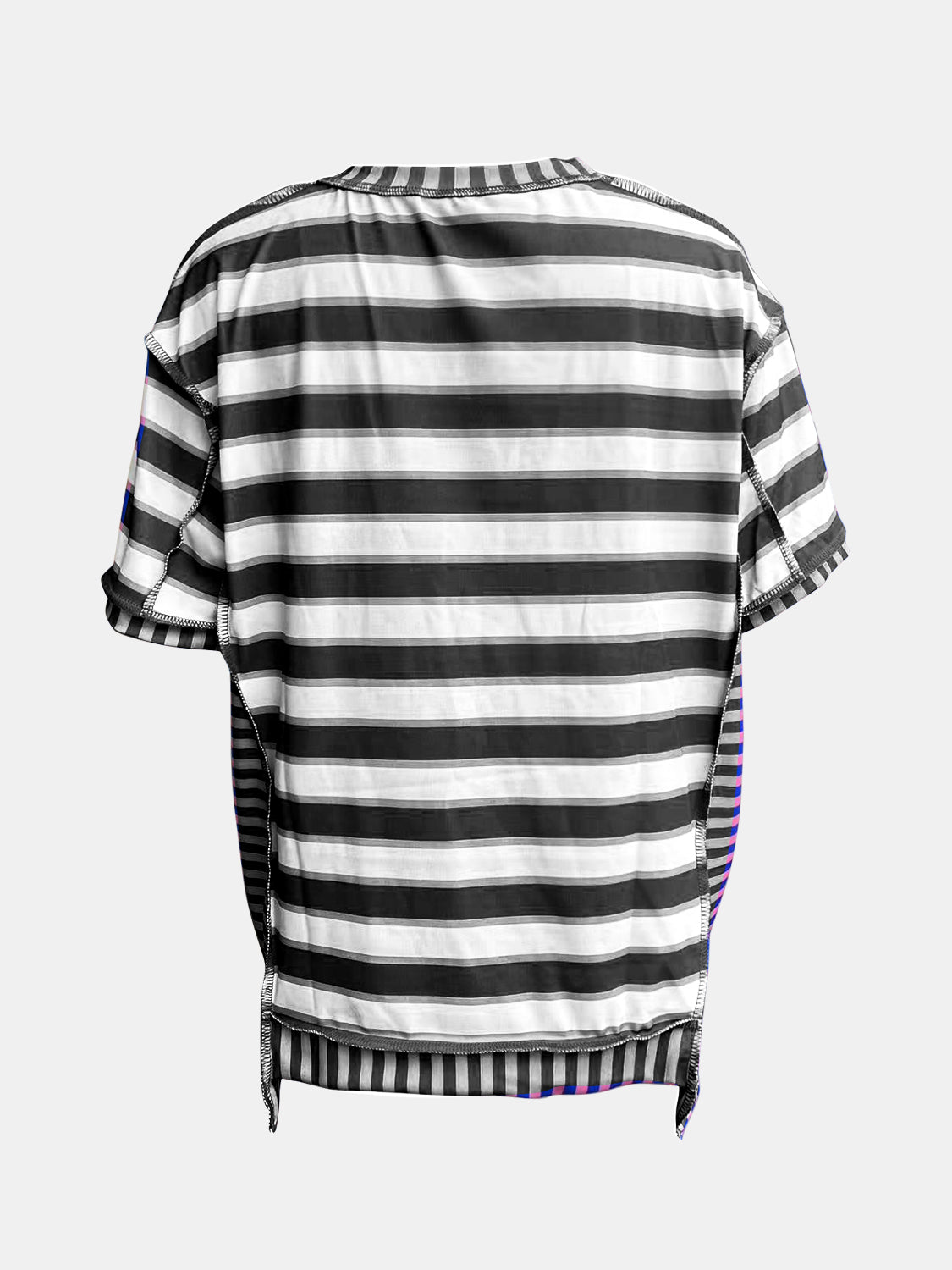 Full Size Contrast Stitching Striped Round Neck T-Shirt