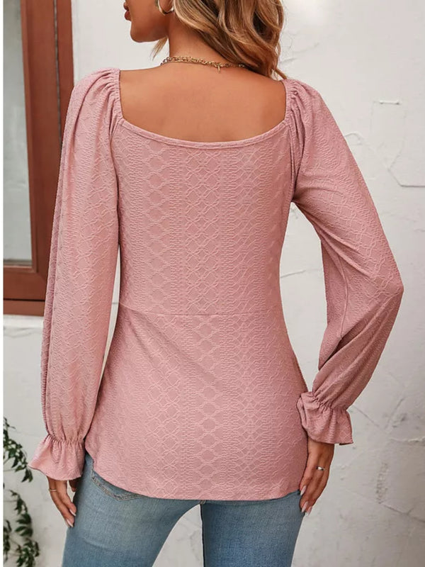 Full Size Drawstring Ruffled V-Neck Long Sleeve Blouse