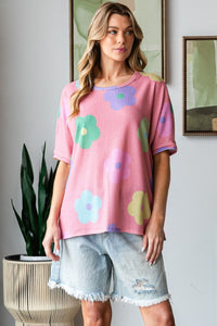 HOPELY Full Size Floral Round Neck Side Slit Waffle T-Shirt