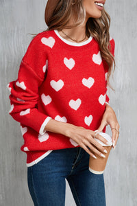 Angel Wings Contrast Trim Heart Round Neck Sweater