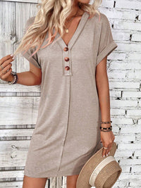 Quarter Button V-Neck Short Sleeve Dress