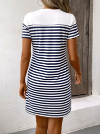 Striped Round Neck Short Sleeve Mini Dress