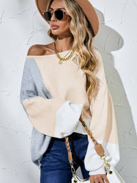 Angel Wings Color Block Balloon Sleeve Boat Neck Sweater