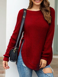 Slit Round Neck Long Sleeve Sweater