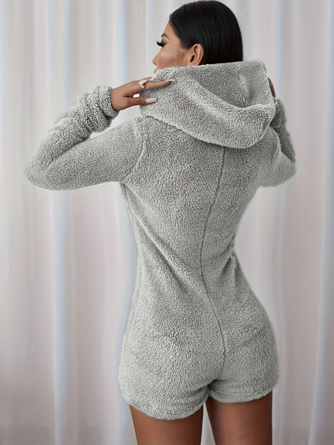 Furry Half Zip Long Sleeve Hooded Bodysuit