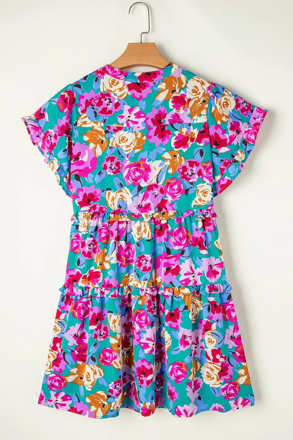 Ruffled Printed Notched Short Sleeve Mini Dress