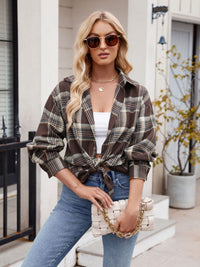 Pocketed Plaid Collared Neck Long Sleeve Shirt