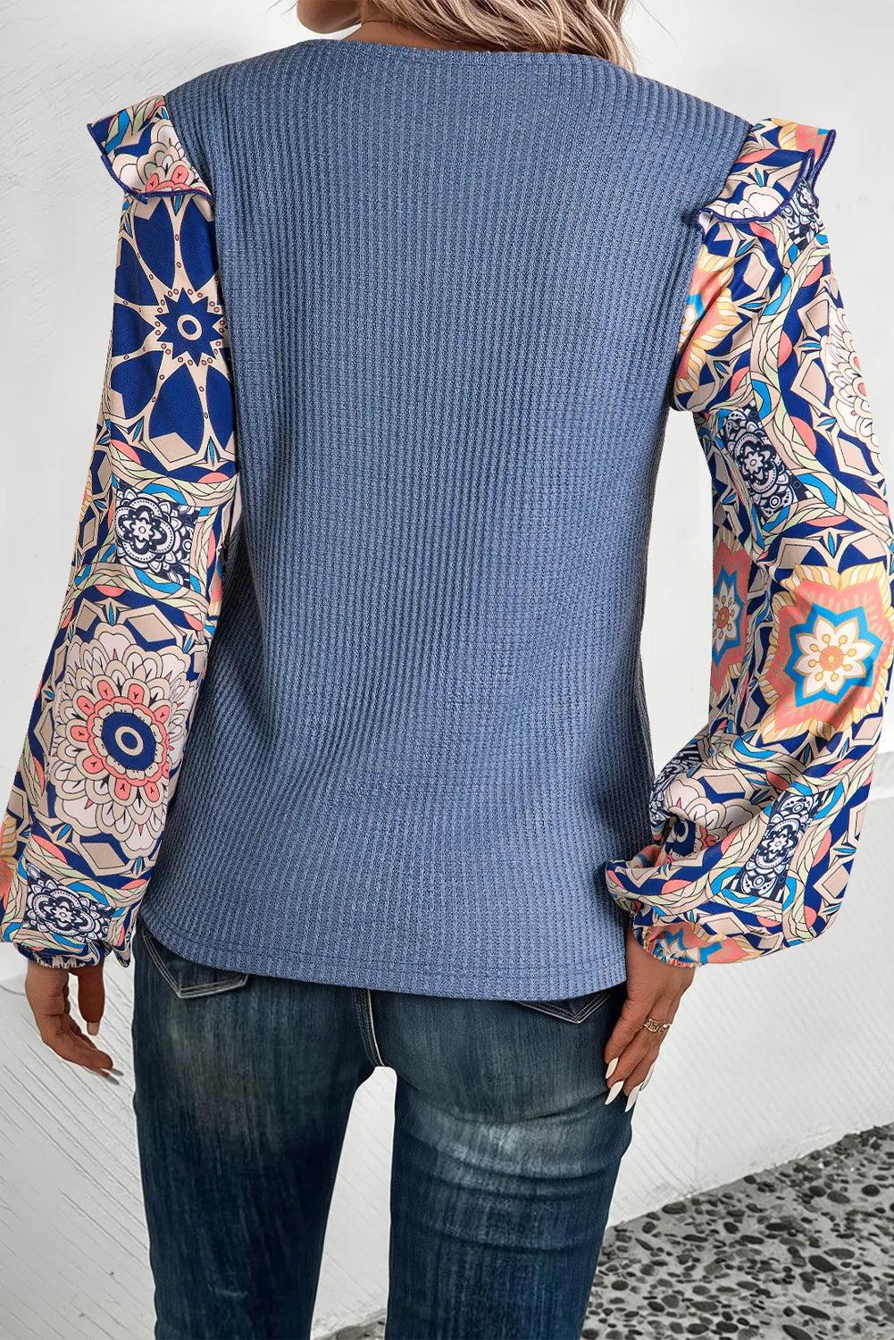 Ruffled Printed Round Neck Long Sleeve Top