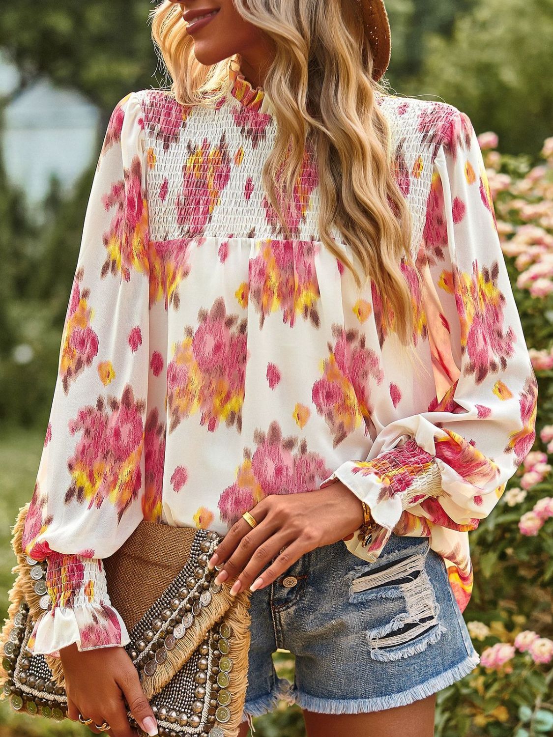 Floral Smocked Lantern Sleeve Blouse