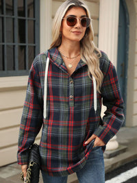 Drawstring Plaid Hooded Long Sleeve Top