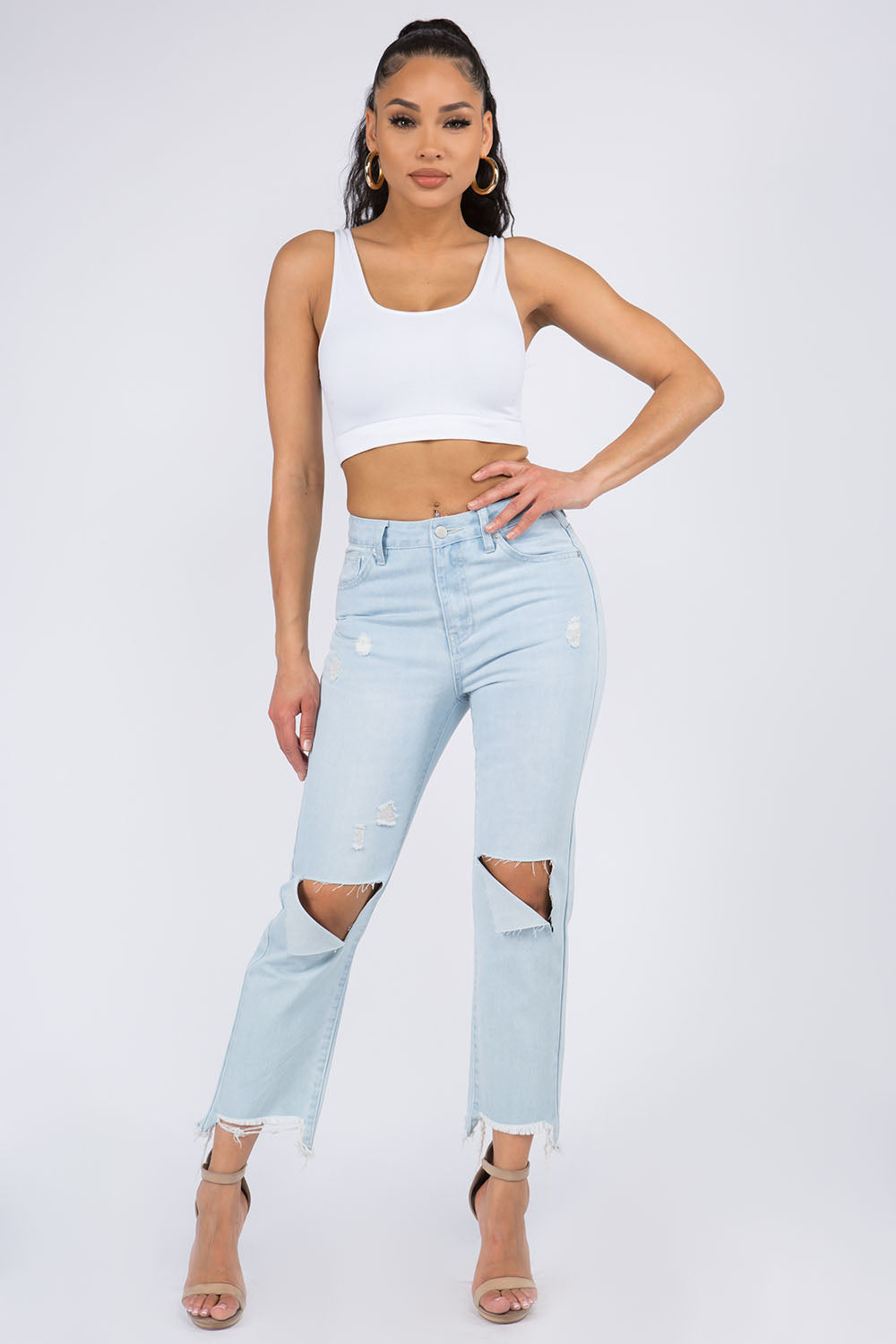 American Bazi High Waist Distressed Raw Hem Jeans