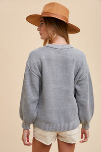 Annie Wear Half Button Ribbed Hem Sweater