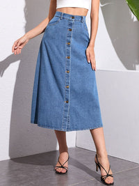 Buttoned Midi Denim Skirt with Pockets