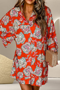 Printed Button Up Three-Quarter Sleeve Shirt Dress