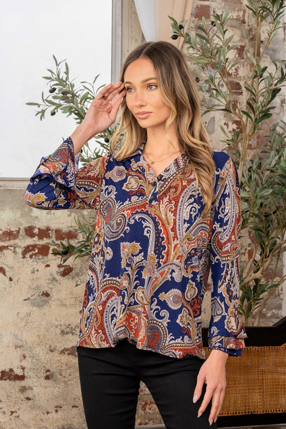 Sew In Love Full Size Wrinkle Free Paisley Print Long Sleeve Top