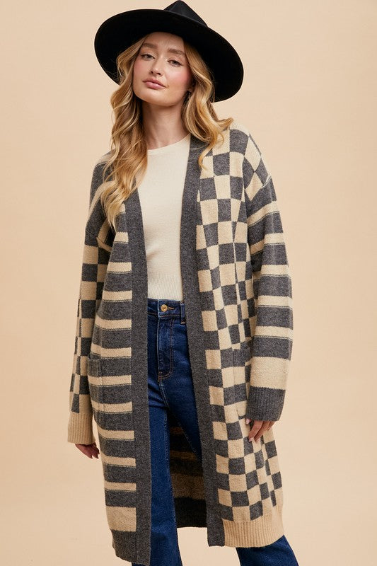 Annie Wear Checkered & Striped Open Front Long Sleeve Cardigan