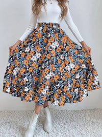 Printed Elastic Waist Midi Skirt