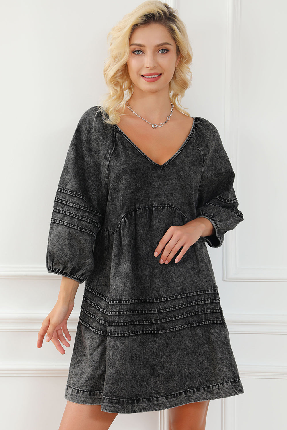 V-Neck Three Quarter Sleeve Denim Dress