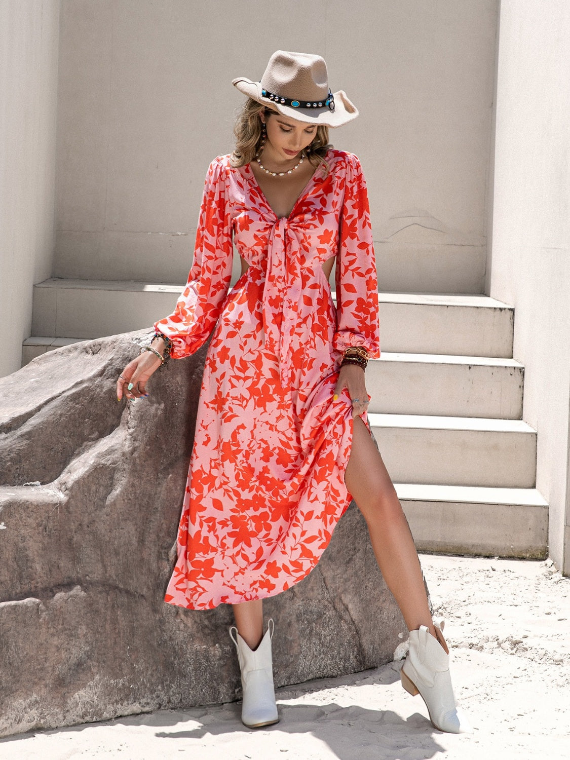 Tied Cutout Printed Long Sleeve Midi Dress