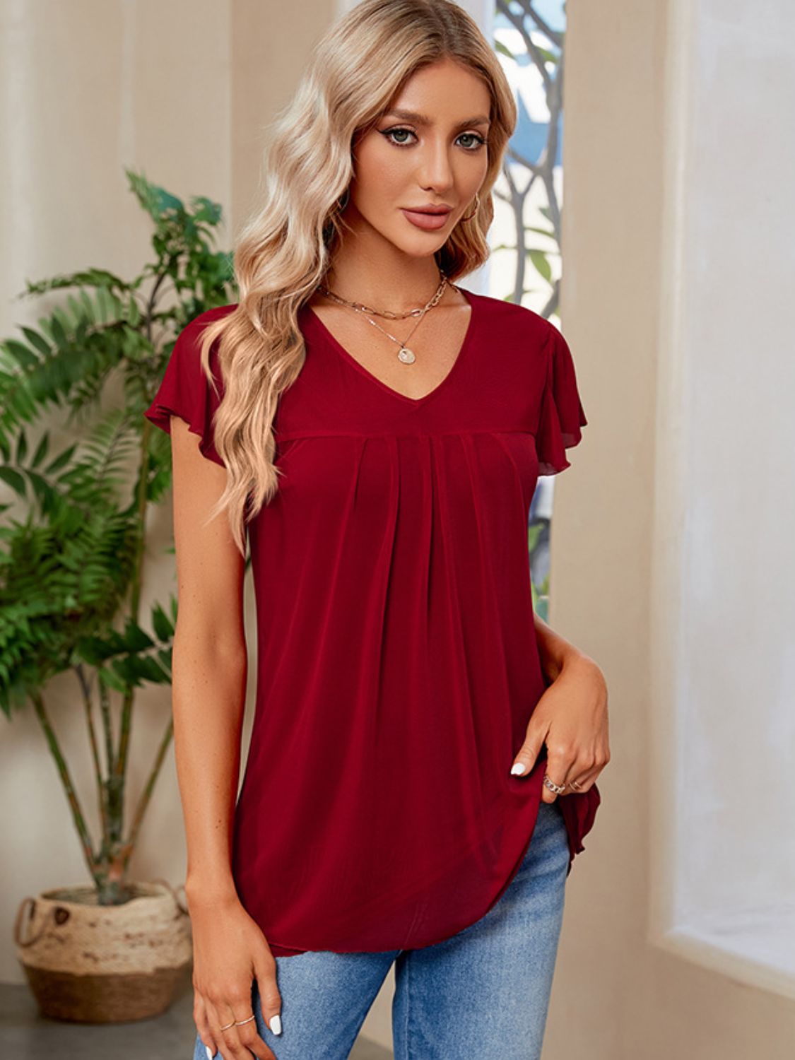 Ruched V-Neck Short Sleeve T-Shirt