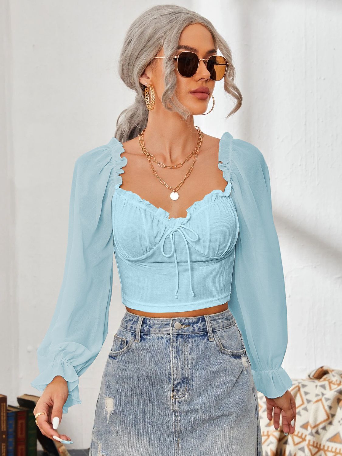 Mesh Sweetheart Neck Flounce Sleeve Top