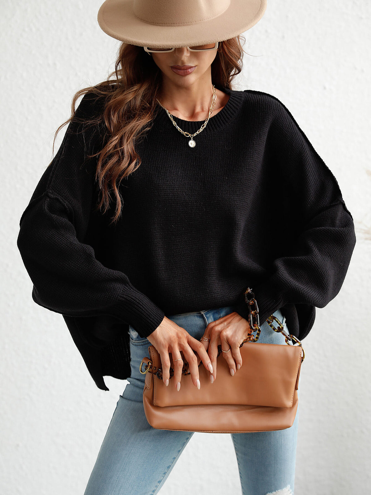 Exposed Seam Dropped Shoulder Slit Sweater