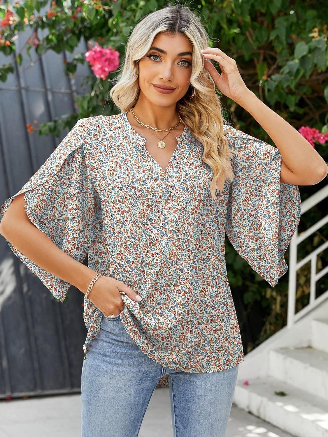 Printed Notched Half Sleeve Blouse