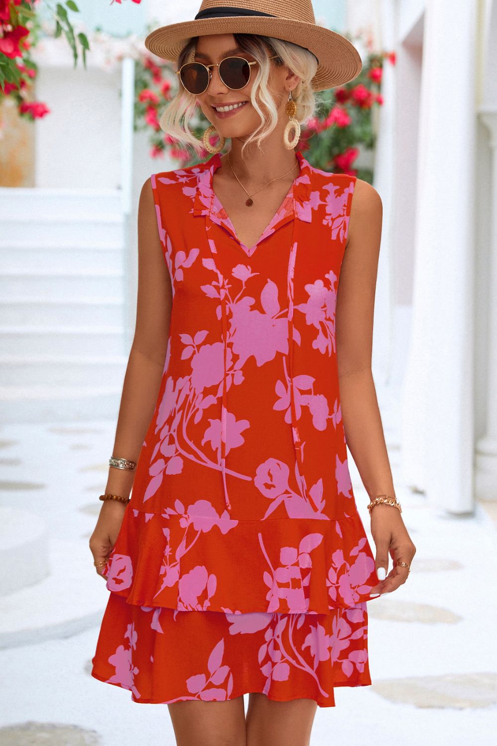 Printed Tie Neck Sleeveless Dress