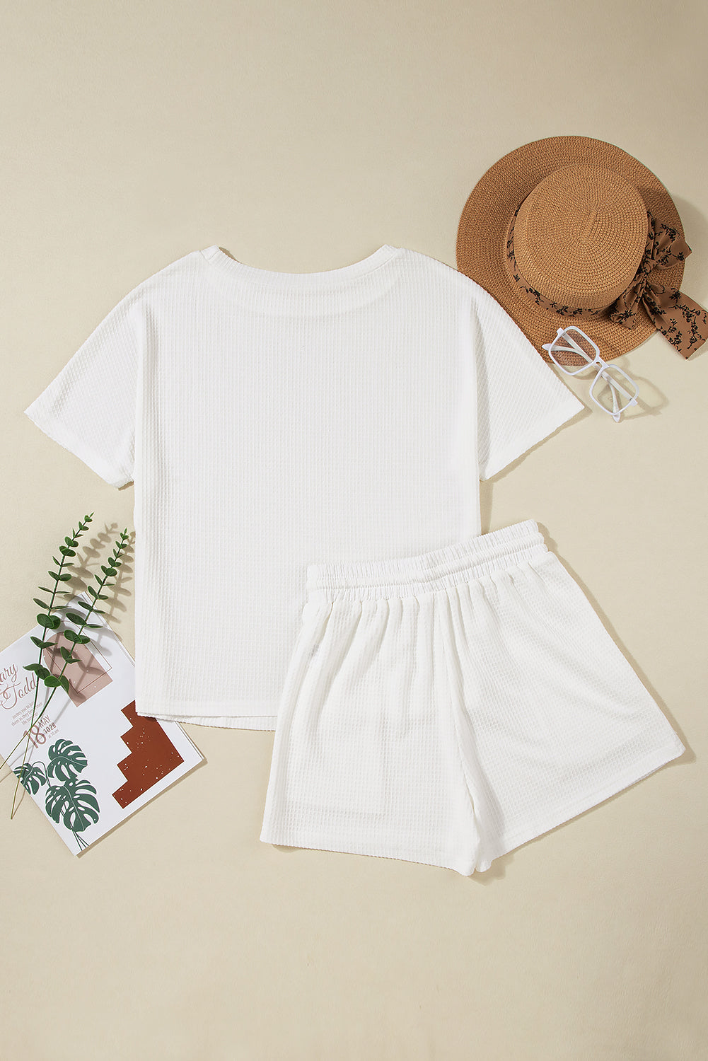 Round Neck Short Sleeve Top and Drawstring Shorts Set