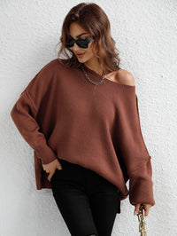 Exposed Seam Dropped Shoulder Slit Sweater