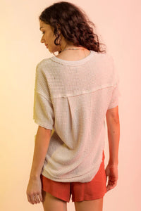 Waffle-Knit Notched Half Sleeve T-Shirt