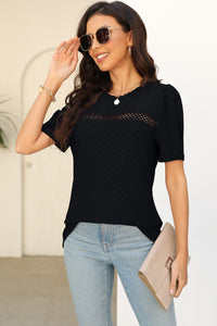 Eyelet Round Neck Short Sleeve T-Shirt