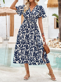 Printed Surplice Short Sleeve Midi Dress