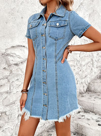 Raw Hem Button Up Short Sleeve Denim Dress