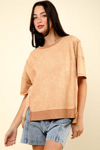 VERY J Round Neck Exposed Seam Slit T-Shirt