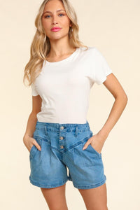 Haptics High Rise Button Fly Washed Denim Shorts