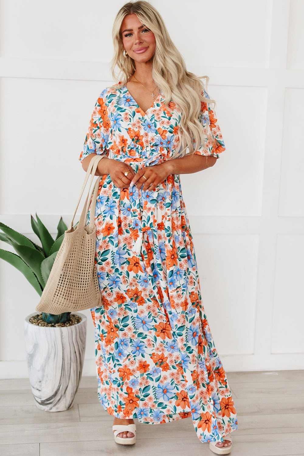 Tied Slit Printed Half Sleeve Maxi Dress