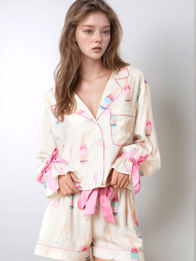 Printed Collared Neck Flounce Sleeve Top and Shorts Lounge Set