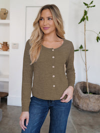 Button Up Round Neck Long Sleeve Cardigan