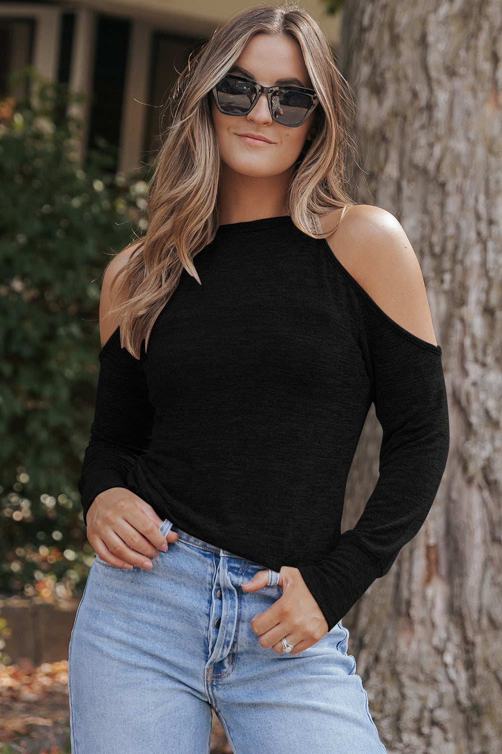 Round Neck Cold Shoulder Long Sleeve Top