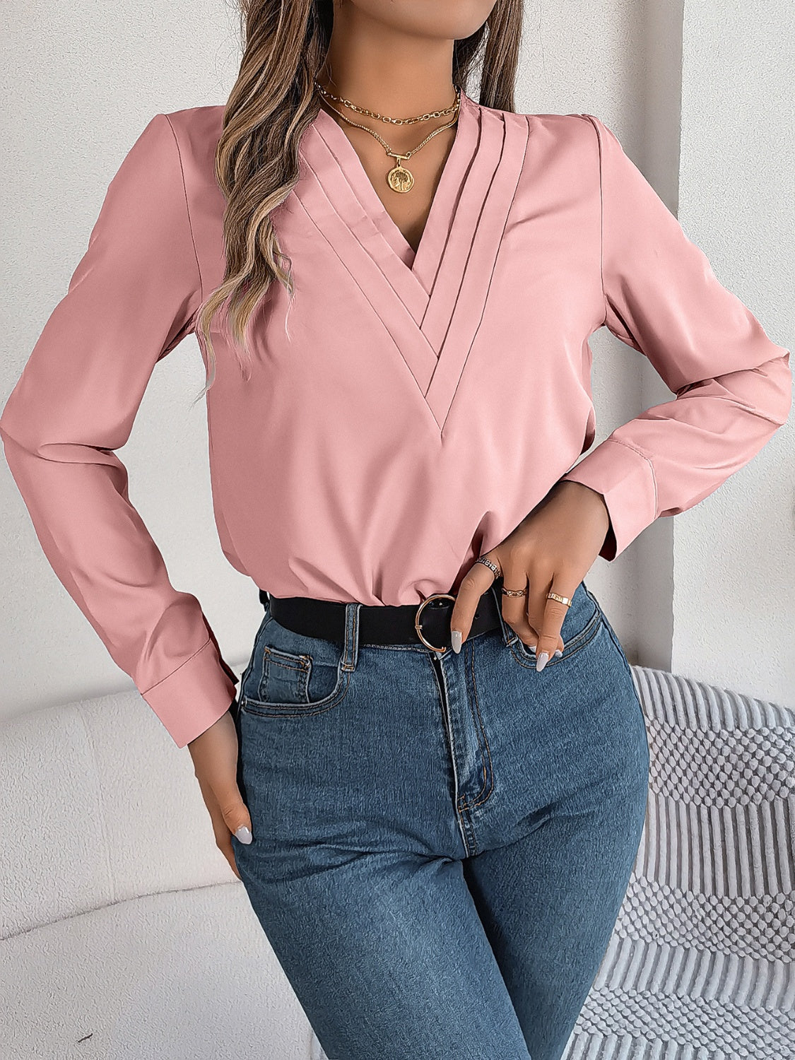 V-Neck Long Sleeve Blouse