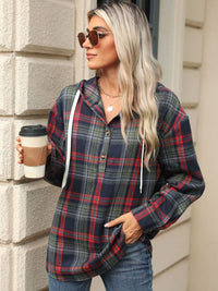 Drawstring Plaid Hooded Long Sleeve Top