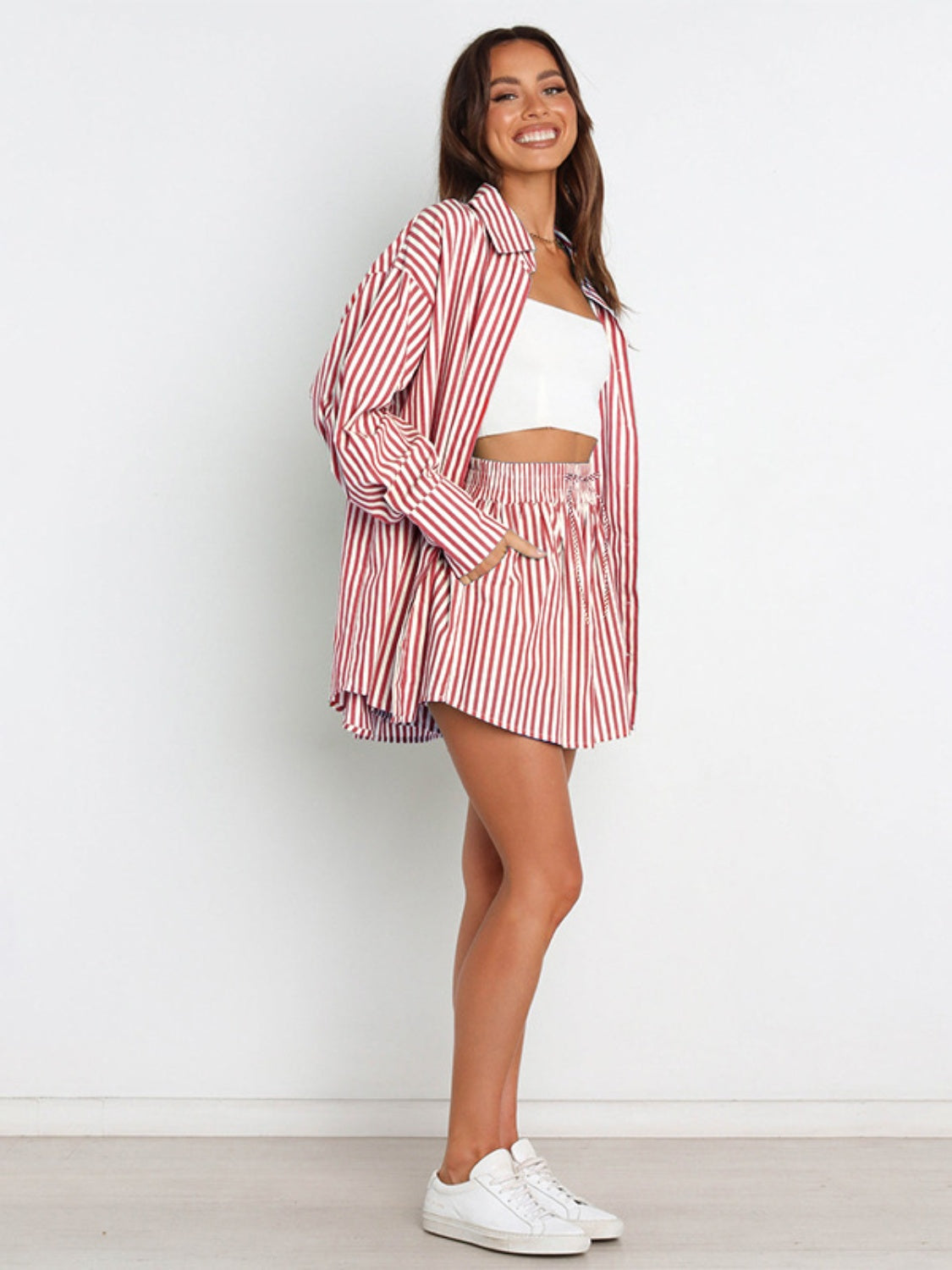 Striped Dropped Shoulder Shirt and Shorts Set