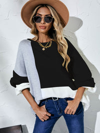 Angel Wings Color Block Balloon Sleeve Boat Neck Sweater