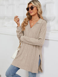 Slit Johnny Collar Long Sleeve T-Shirt