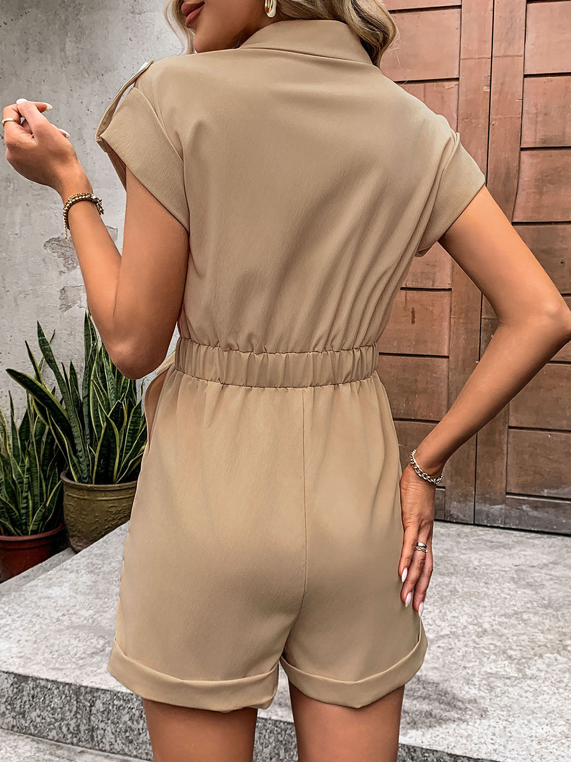 Collared Neck Tie Waist Romper with Pockets